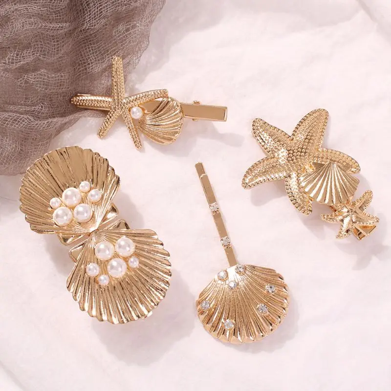 Marine Style Women Metallic Gold Duckbill Hair Clip Faux Pearl Rhinestone Starfish Shell Hairpin Beach Holiday Wedding Barrette