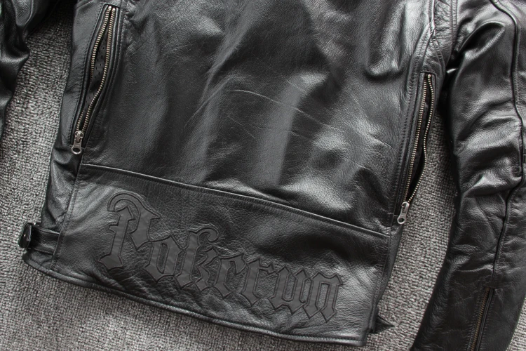 ABOORUN Men's Genuine Cowhide Leather Jacket Black Slim Motorcycle Biker Real Leather Jacket for Male R3291