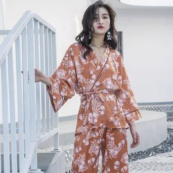 

XIFER Ice Silk Ancient Style Pajamas Women 2020 Spring and Autumn Pajama Women Japanese Simulation Silk Kimono Home Service Suit