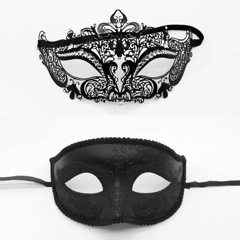 

Venice Makeup Ball Iron Mask Party Metal Diamond Set Iron Mask Set Black And White with Pattern Eye Patch Halloween