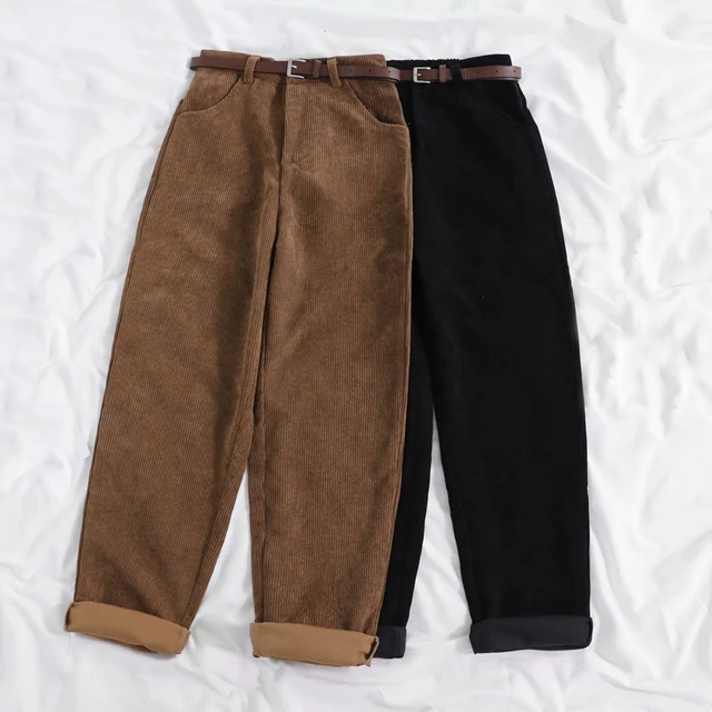 Women Spring Corduroy Pants High Waist Autumn Vintage Korean Wide Leg Pants Elegant Belt Loose Cotton Streetwear 1