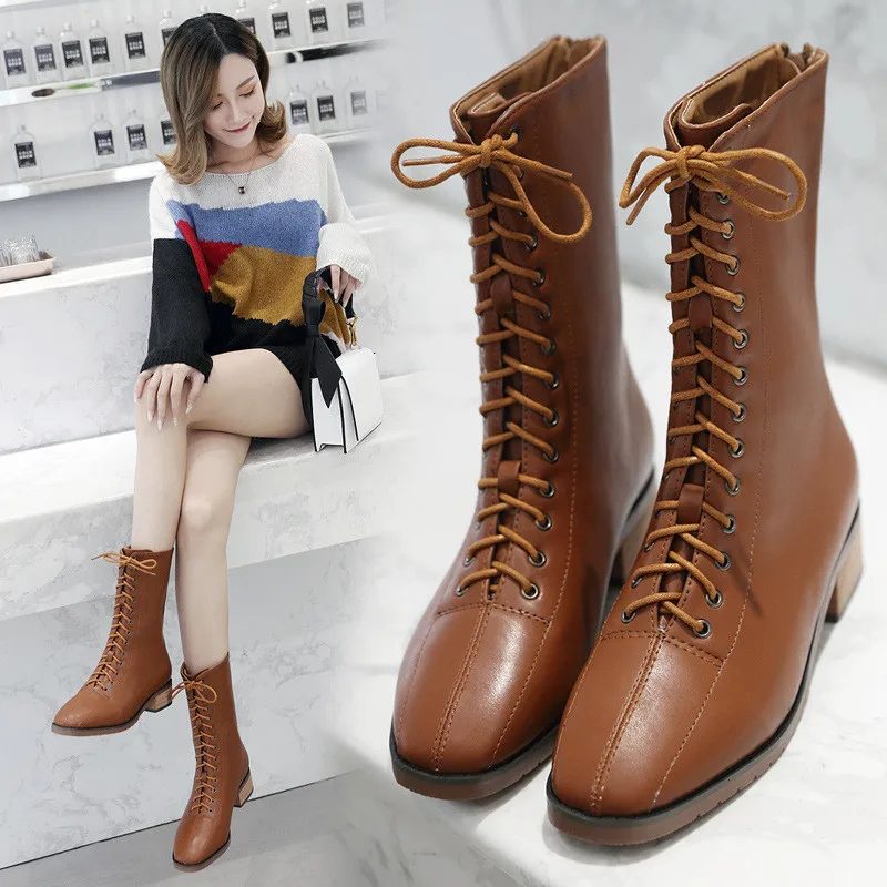 

Winter Shoes Women Bootee Woman 2019 Round Toe Luxury Designer Autumn Boots Booties Ladies Zipper Fashion Rock Mid Calf Rubber