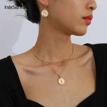 

IngeSight.Z Fashion Double Layered Carved Coin Portrait Choker Necklace Collar Simple Gold Color Necklaces Earrings Jewelry Set