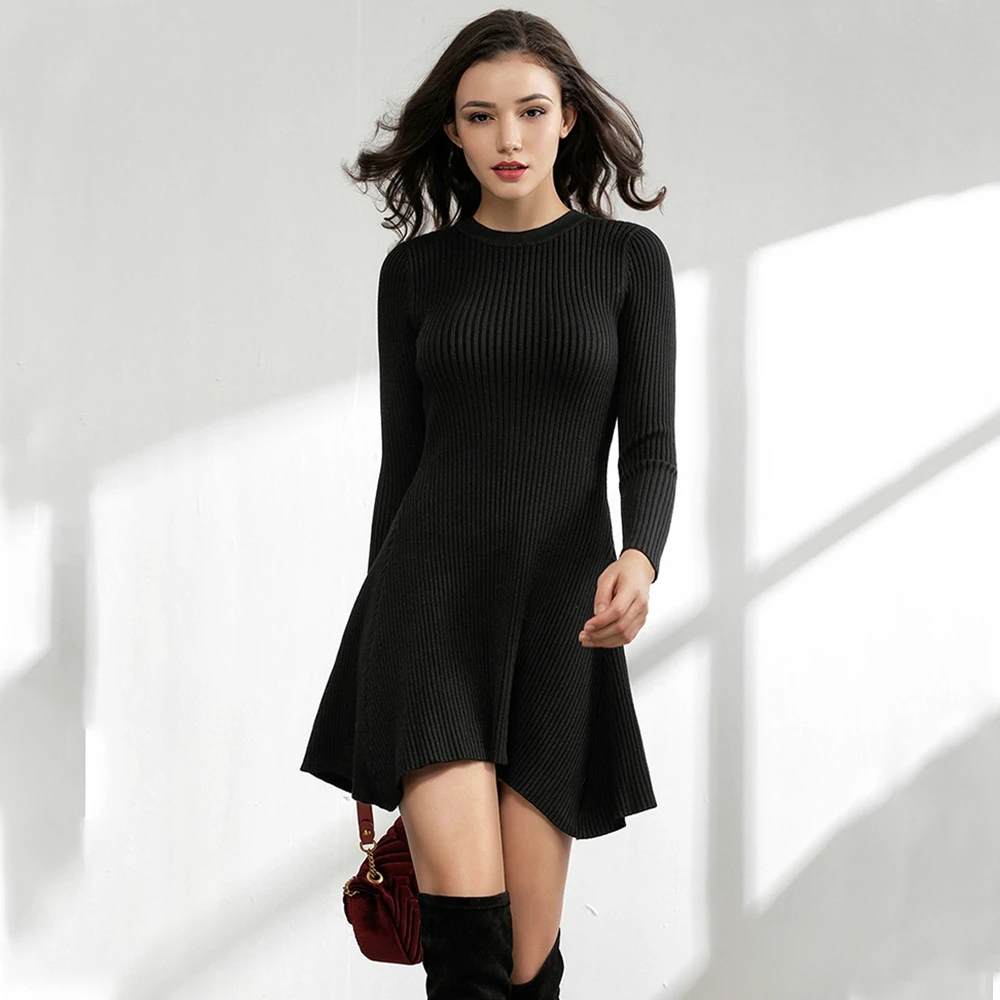 

Winter Women O-Neck Long Sleeve A Line Thick Knitting Cotton Dress New Chic Female Girl Short Bodycon Sweater Dress