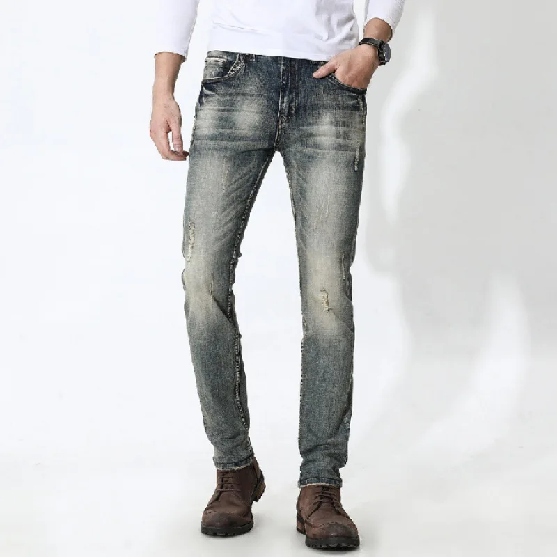 

Light Color Elasticity Jeans Men's Slim Fit Tattered Pants Medium Waist Washing Faded Electric Pattern Pants [QQ Group: 58411717
