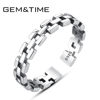 

Gem&Time Created Chain Shape Opening Ring 925 Sterling Silver Holloe Dsign Finger Ring Bague Femme Fine Jewelry Gift SR0285