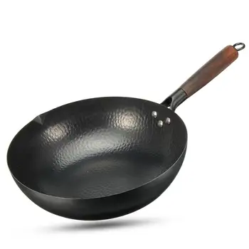 32cm Handmade Chinese Iron Frying Pan No-Coating Kitchen Wok Skillet Non-stick Pan Glass/Wood Lid Cookware Kitchen Cooking Tools