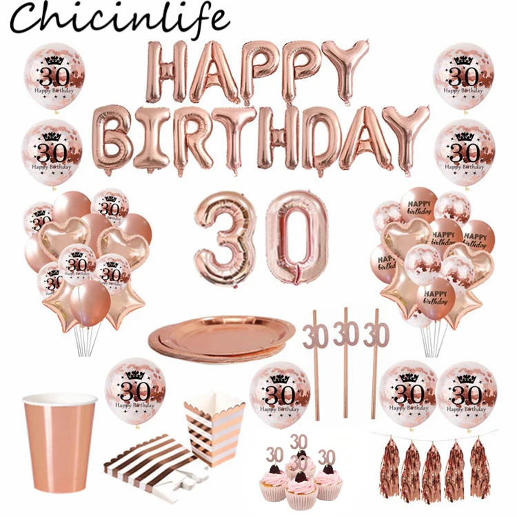 Chicinlife Rose Gold 30 40 50 60 Years Old Balloon Cupcake Topper Straw Happy Birthday Party Anniversary Adult Decor Supplies