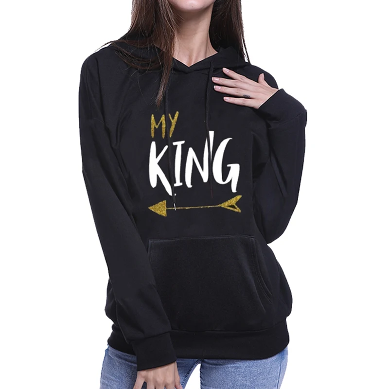 King queen печатные толстовки для пар женщин мужчин Толстовка влюбленных пары худи пуловеры в стиле кэжуал подарок