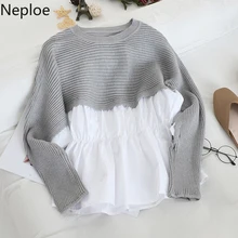 Женский свитер Neploe, весна-осень, Ретро стиль, Вязанная, пэтчворк, имитация двух частей, блузка с круглым вырезом, с длинным рукавом, блуза, Облегающая рубашка