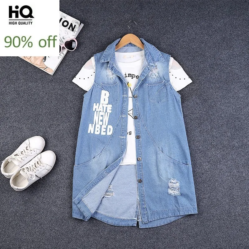 

2020 Summer New Printing Denim Vest Women Fashion Hole Ripped Sleeveless Jacket Plus Size 9XL Blue Waistcoat Female Streetwear