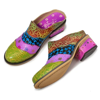 

Iliyah Genuine Leather Sandals Print Splicing Colorful Splicing Pattern Stitching Casual Shoes Slip On Sandals Women Slippers