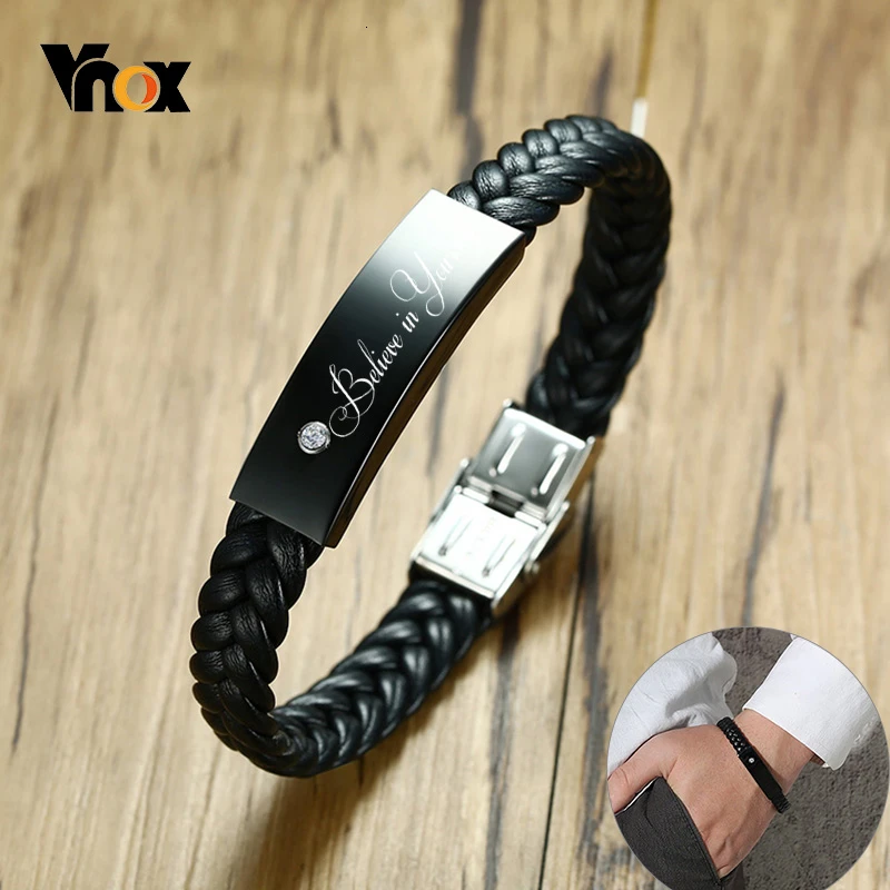 

Vnox Personalize Custom Stainless Steel ID Bar Leather Bracelets for Men with AAA CZ Stone Unique Birthday Father's Day Gift