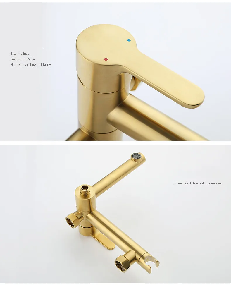 Wall Mounted Brass Bathtub Set Brush Gold Black Foldable Round Tap