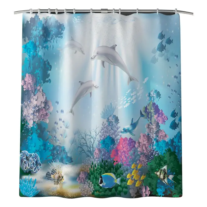 1Piece curtain only 4 шт., ковер для спальни, занавеска, набор ковриков, морской Коралл, дельфины, с принтом, для ванной, для душа, водонепроницаемая занавеска, нескользящий фланелевый коврик для ванной, для спальни - Цвет: 1Piece curtain only