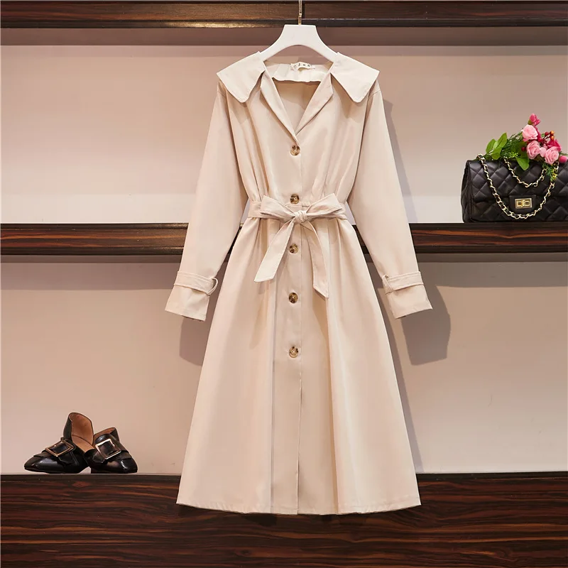 

Actual Shot Large Size Women Trench Coat Autumn 2019 New Single-row Button Sashes Decoration Turn-down Collar Long Windbreaker