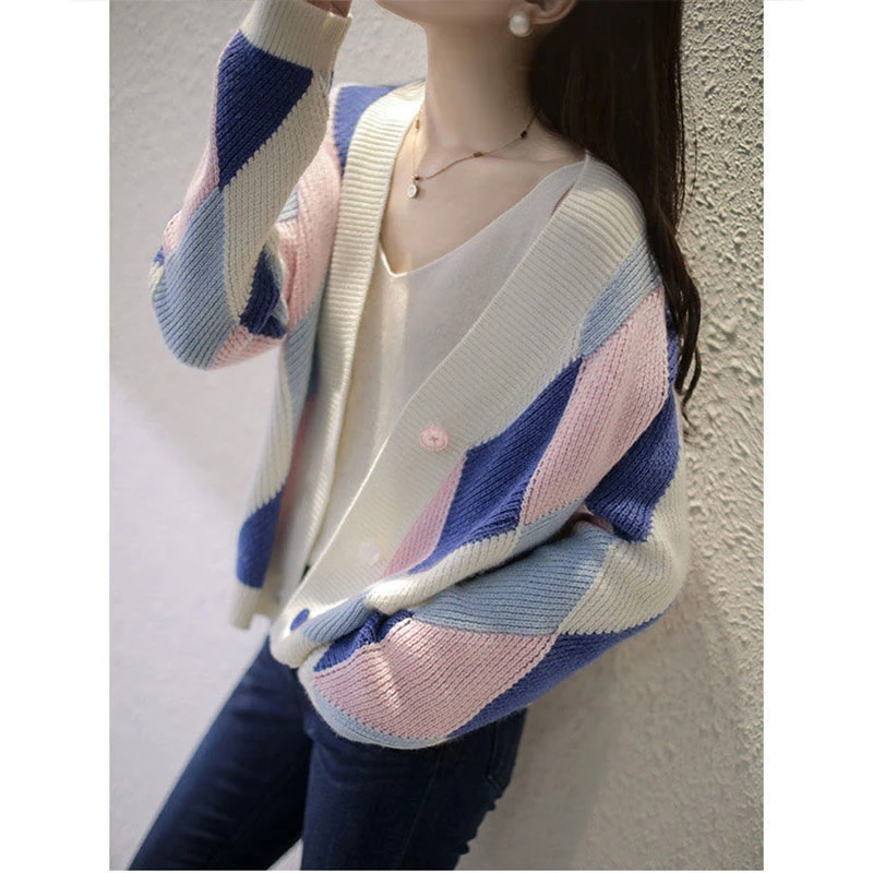 Spring 2021 new knitted cardigan women sweater style ladies western loose fashion color matching short plaid trend vintage y2k green sweater