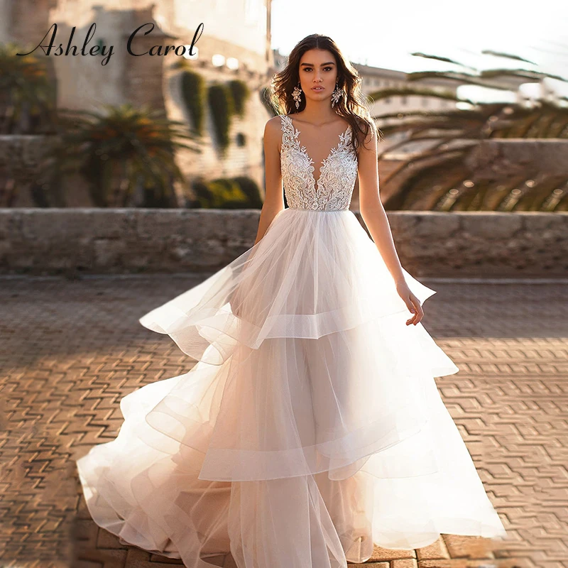 

Ashley Carol Luxury Beading Sexy V-neck Backless Tulle Wedding Dress 2019 Sleeveless A-Line Bridal Dress Romantic Wedding Gowns