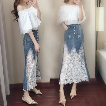 

BacklakeGirls 2020 New Summer And Autumn Student Girls Simple White T-shirt + Blue Lace Denim Skirt Two-piece Women's Dress Set