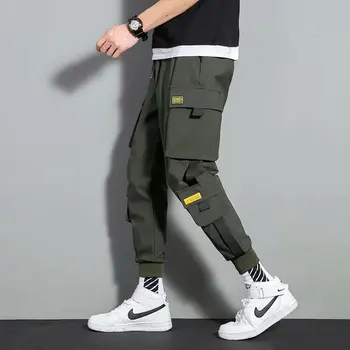 Pantalones Cargo con cintas para hombre, ropa de calle informal con bolsillos laterales, estilo Hip Hop, color negro, 2021 3