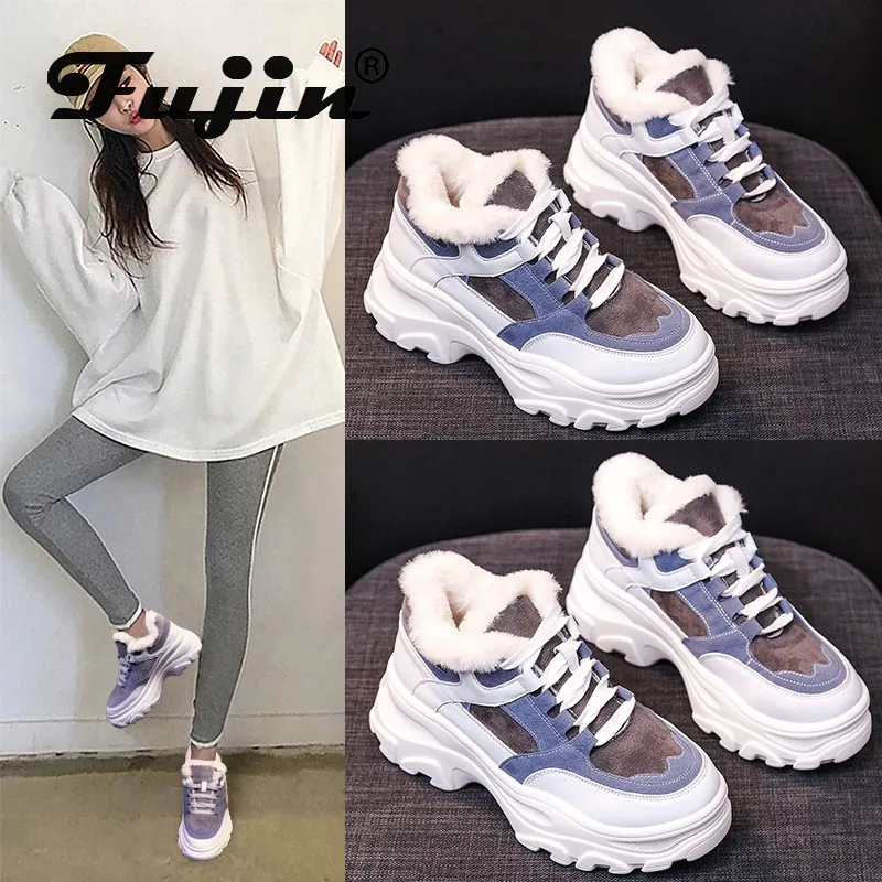 

Fujin Women Winter Sneakers Fashion Plush Keep Warm Round Toe Breathable Thick Bottom Cross Tied Platform Causal Women Shoes