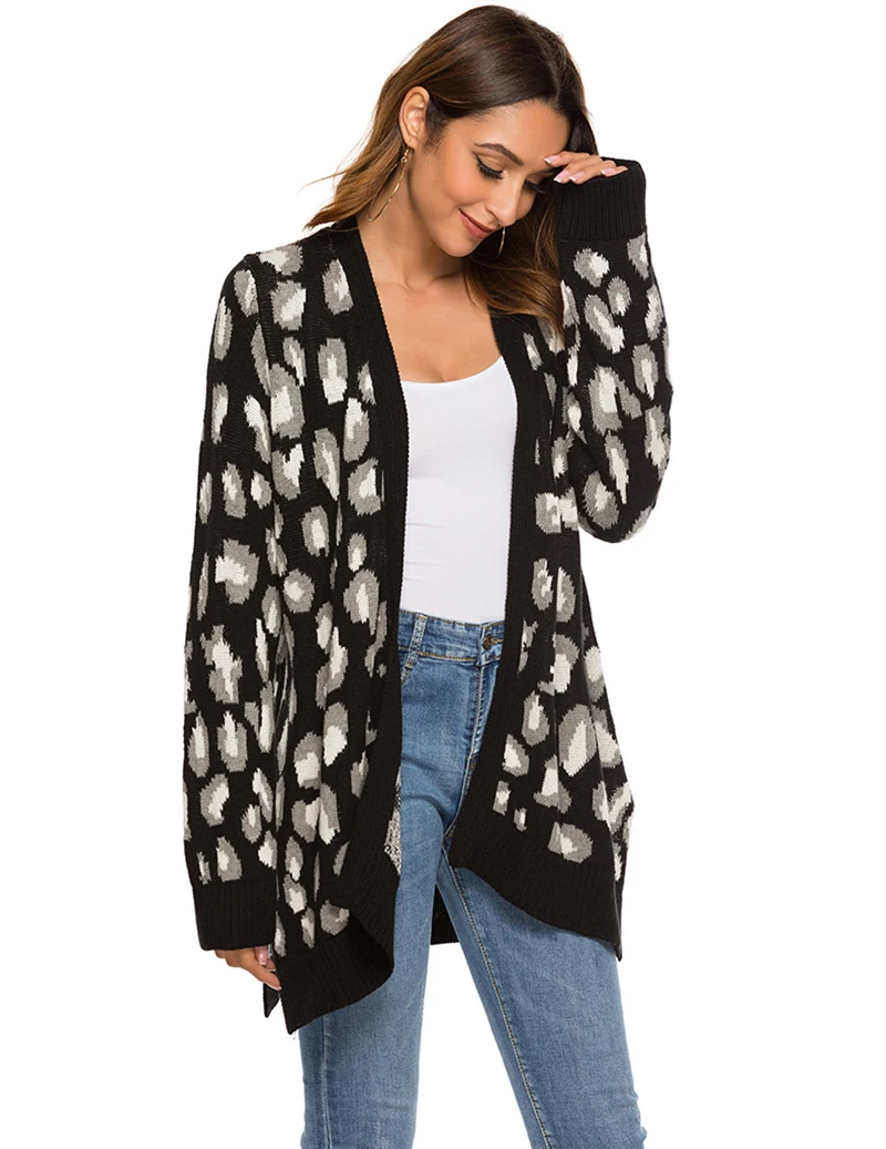 

Women's Leopard Cardigan Sweater Open Front Knit Kimono Duster Cheetah Long Sleeves Chic Coat