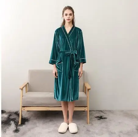 peacock blue women Зимняя Теплая мужская домашняя одежда бархатный мягкий Халат длинное кимоно халат одноцветная одежда для сна Мужская Ночная рубашка с длинным рукавос - Цвет: peacock blue women