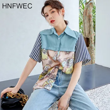 

Map Print Blouse Women Summer Short Sleeve Striped Fashion Button Up Shirt Casual Tops Collared Shirts Clothing 2020 T674