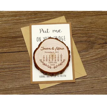 

Calendar slice of wood Save the date magnet, custom Tree mountain wedding Adventure Magnets,rustic invite card, bride groom gift