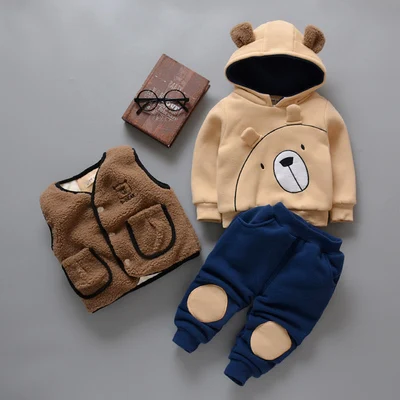 Winter Warm Baby Kids Clothing 3 Piece Sets Thick Plush Velvet Vests+Cartoon Hoodies+Warm Pants Children Kids Outfits 6M-4T - Цвет: Бежевый