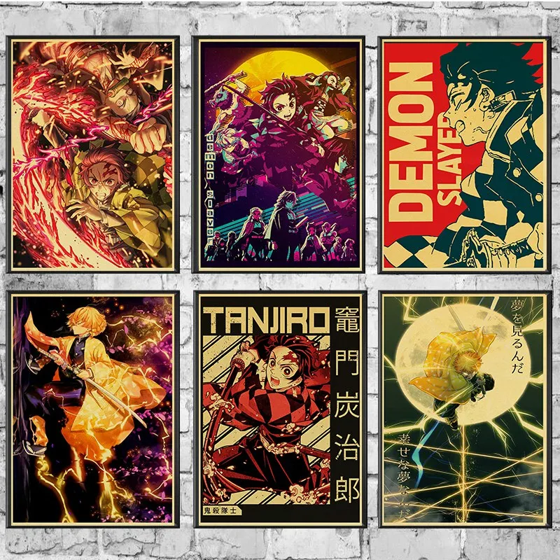 Demon Slayer Retro Poster Kimetsu No Yaiba Tanjirou Nezuko Anime Painting Wall Poster For Living Room Home Decoration