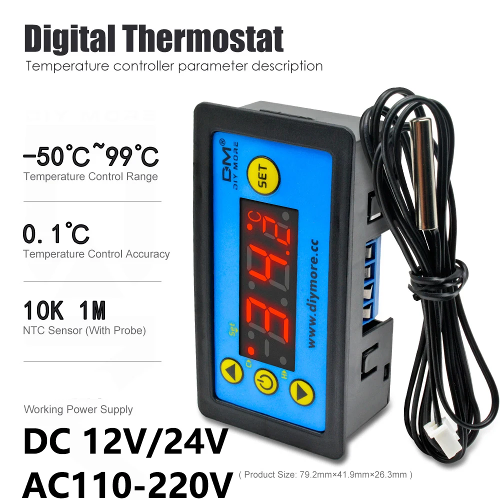 

AC 110V-220V DC12V 24V Digital Temperature Controller Thermostat Single LED Display Thermometer with Sensor Meter Probe W3231