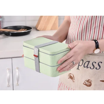 

1200ml Double Layer Wheat Straw Lunch Box Microwave Safe with Chopsticks Spoon BJStore
