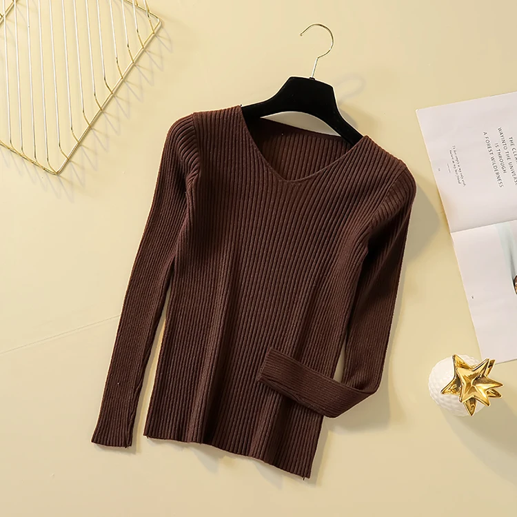 Однотонный вязаный свитер с v-образным вырезом и широкими полосками, Женский Повседневный тонкий теплый джемпер с длинным рукавом, женский модный пуловер, свитер