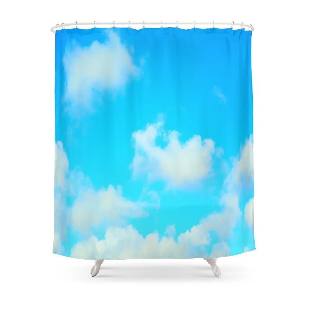 White Clouds Bright Blue Sky Shower Curtain Polyester Fabric Bathroom