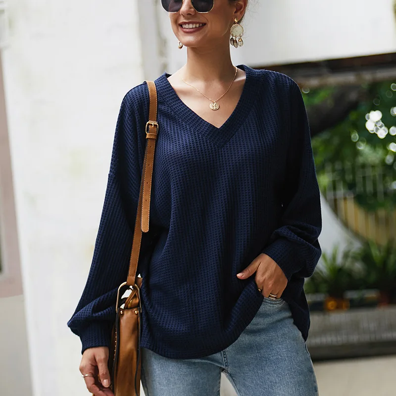 Autumn fashion tops large size women's 5XL 6XL 7XL 8XL 9XL sexy deep V-neck long-sleeved bust 138CM - Color: Navy Blue