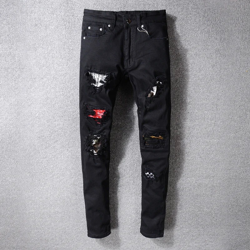 

American Streetwear Fashion Men Jeans Black Destroyed Skinny Fit Ripped Jeans For Men Elastic Brand Designer Hip Hop Jeans Homme