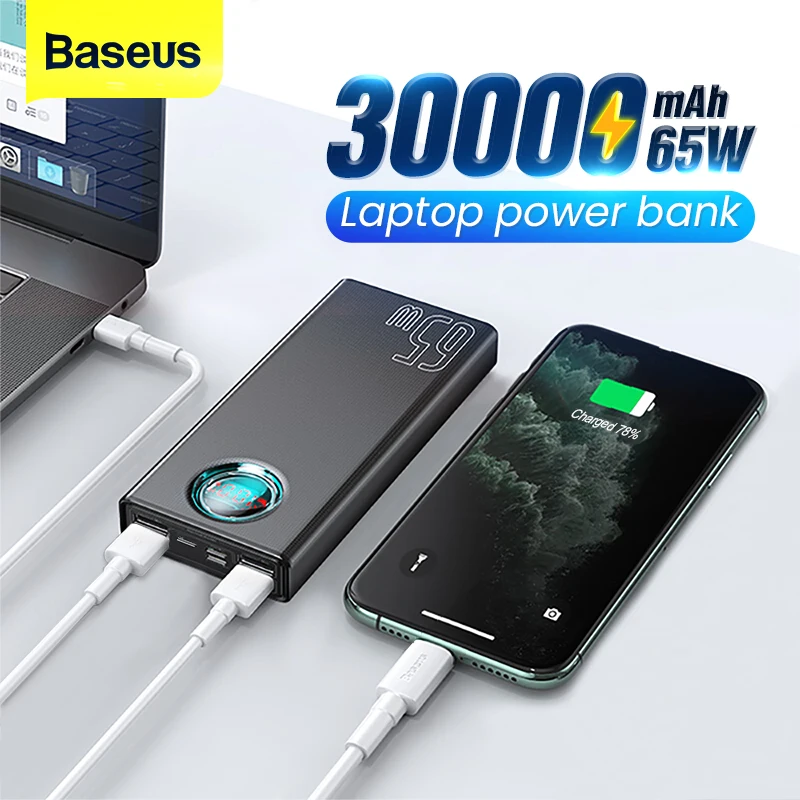 Baseus 65W Power Bank 30000mAh USB C PD Quick Charge 30000 Powerbank Portable External Battery Charg