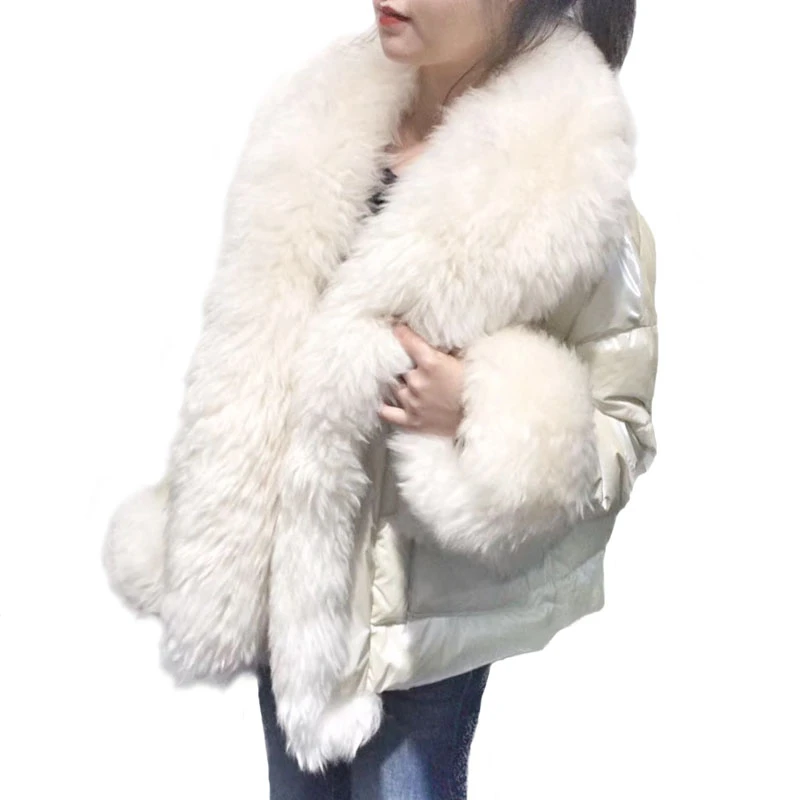 Large Real Sheep Fur Collar Winter Parka Female Winter Jacket Women Warm White Duck Down Jacket Thick Coat