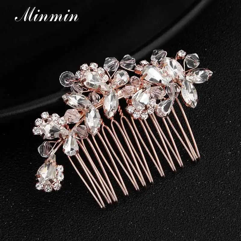 Minmin Cute Leaf Shape Rosegold Crystal Wedding Hair Jewelry for Women Unique Handmade Rhinestone Bridal Combs Luxury Shiny | Украшения и