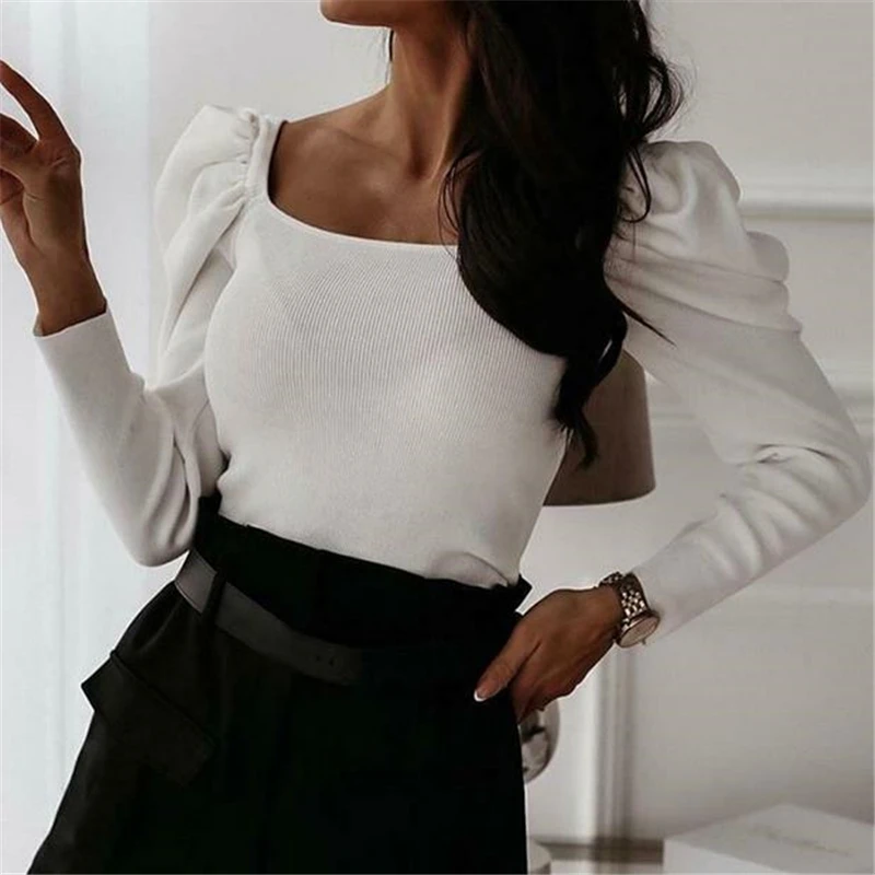 corset bodysuit New Women Bodysuit Elegant Puff Sleeve Tops Slim Knitted Tops Ladies One Piece Jumpsuit Bodysuit Office Lady Costume Playsuit pink bodysuit