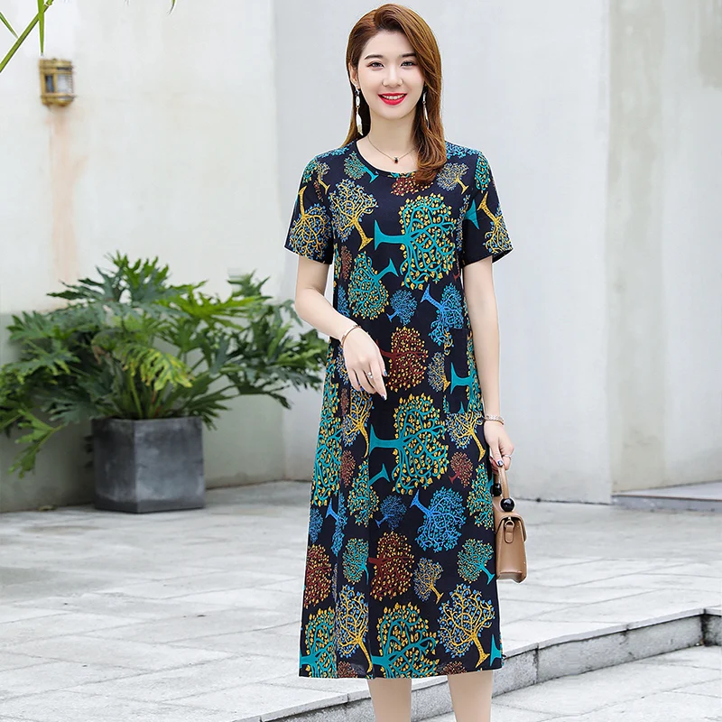 13 Colors Plus Size 4XL 5XL Summer Dress For Women Printing Middle Aged Womens Short Sleeve O-neck Casual Long Dresses Vestidos | Женская