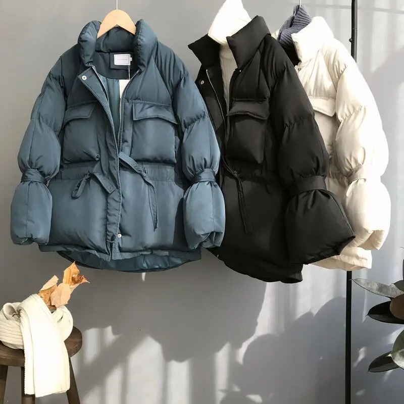 Зимнее пальто корейские женские парки с карманом, куртка-пуховик с воротником-стойкой и шнуровкой на талии, тонкая Толстая теплая верхняя одежда