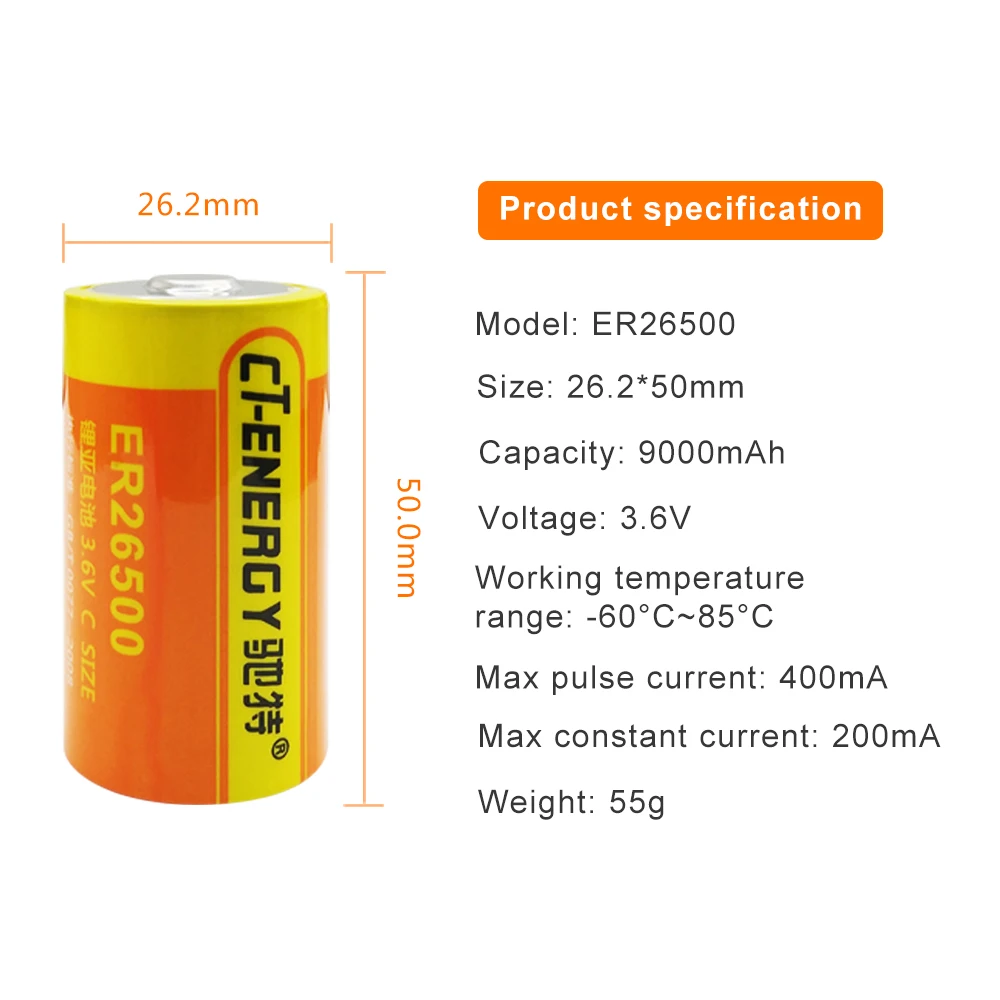 CT-ENERGY ER26500 LiSOCl2 C Тип 3,6 V 9000 мА/ч, литий Батарея 2 шт./компл