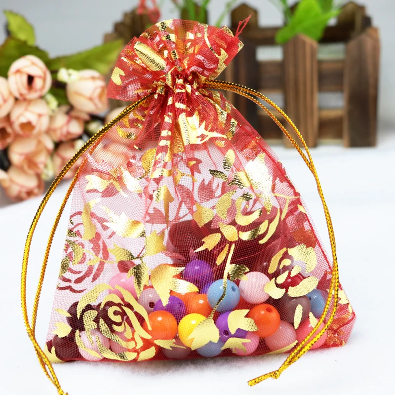 

200pcs/lot Red Organza Bags 7x9cm Drawable Wedding Jewelry Gift Packaging Bag Organza Pouches Small Rose Design Gift Bags
