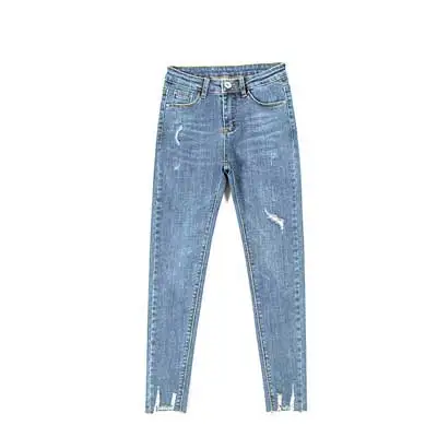 blue Spring hole jeans women nine points high waist elastic rotten pants summer Korea thin skinny feet thin section blue women jeans - Цвет: blue