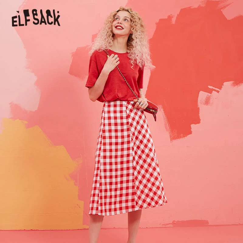 

ELF SACK Red Solid Top With Plaid Long Skirt Women Korean Two Piece Set 2019 Autumn Casual Preppy Ladies Matching Sets