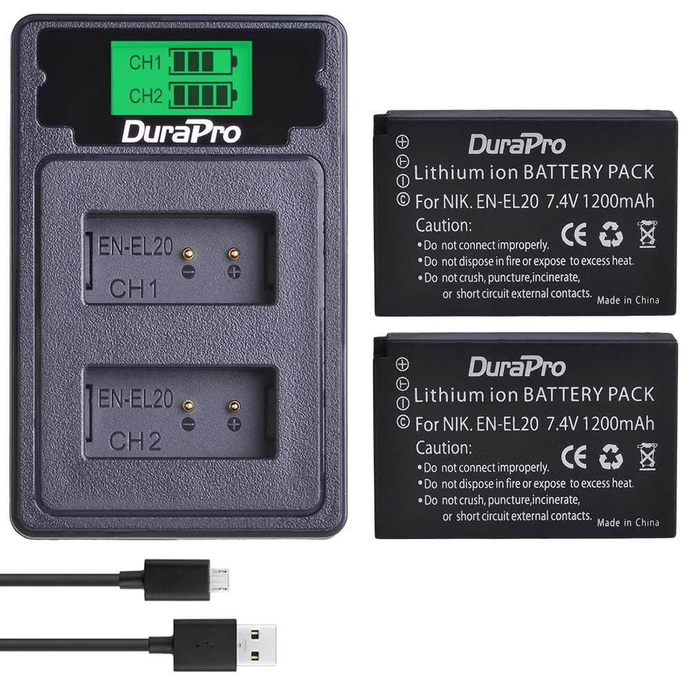 Батарейка для камеры Durapro 2 шт. 1200 мАч EN EL20 + двойное зарядное устройство с ЖК