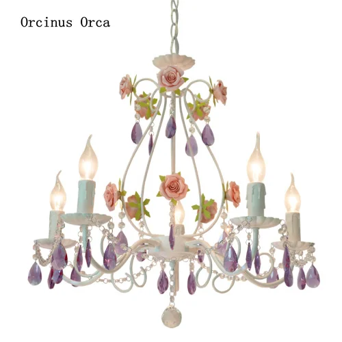 

Korean rural color rose chandelier Girl Bedroom Princess room lamp creative romantic purple crystal chandelier