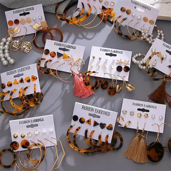 

FNIO Tassel Acrylic Earrings For Women Bohemian Earrings Set Big Geometric Drop Earring 2020 Fashion Earrings Set Jewelry